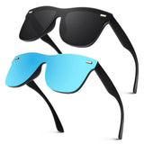 Black sunglasses with a blue lens on a white background