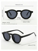 Black round sunglasses with measurements and weight details on a white background