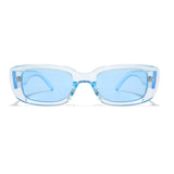 Clear frame sunglasses with blue lenses on a white background