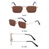 Sunglasses shown from front, 45-degree side, and 90-degree side on a white background.