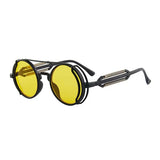 Round sunglasses with yellow lenses and black frames on a white background