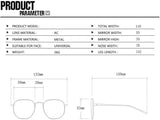 Product parameter chart for sunglasses with dimensions and material details.
