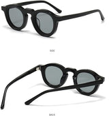 Black sunglasses shown from side and back on a white background