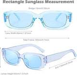 Blue sunglasses with measurements on a white background