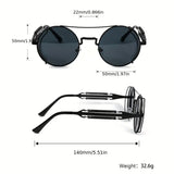 Black round sunglasses with measurements on a white background