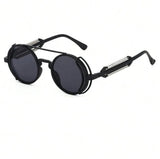 Black round sunglasses with metal frame on a white background