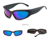 Black sunglasses with blue-tinted lenses on a white background