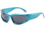 Blue sunglasses with dark lenses on a white background