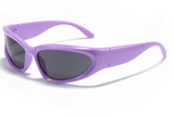 Purple sunglasses with dark lenses on a white background