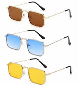 Three pairs of sunglasses with different colored lenses on a white background
